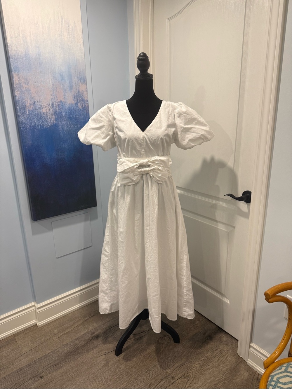 💯 Cotton Moon River White V-Neck Puff Sleeve Midi Dress with Waist Tie